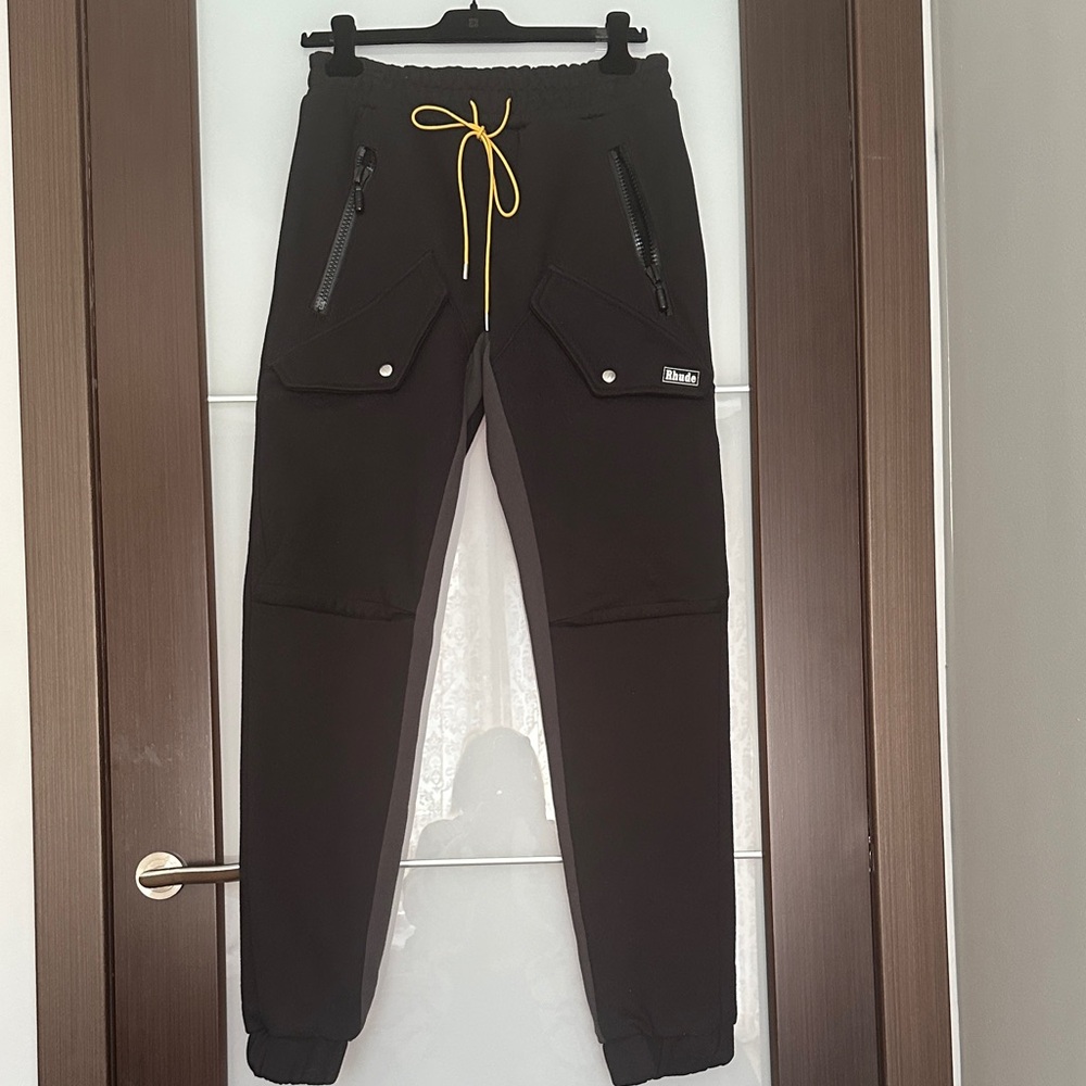 Rhude Black Cargo Pants with Yellow Accents